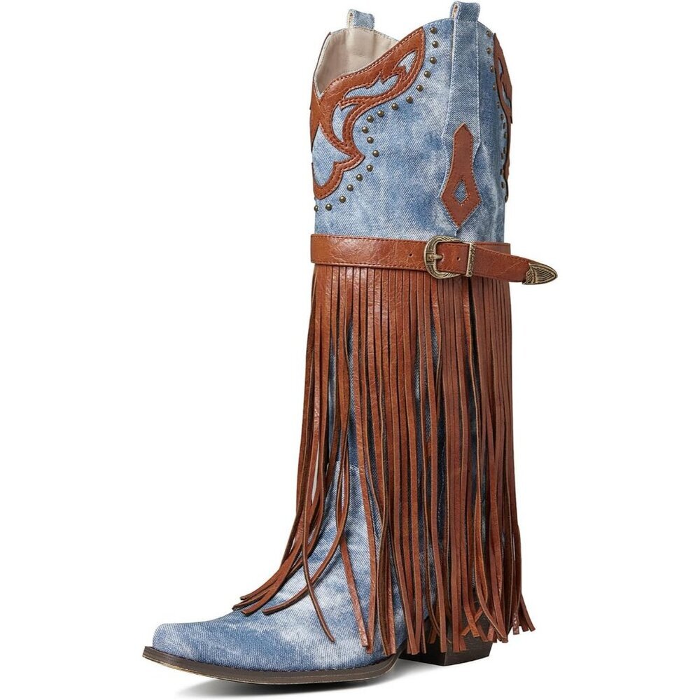 ⚡Women's 1 Blue Microfiber Chunky Heel Embroidered Fringe Pull-On Mid Calf Boots